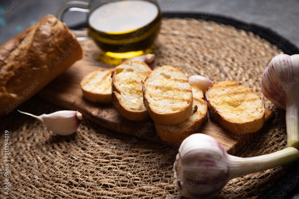 Italian bruschetta bread with garlic and olive oil