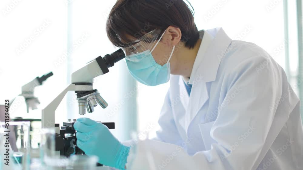顕微鏡を覗く研究者 顕微鏡を覗く研究者