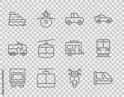 Set line Delivery cargo truck, Train and railway, Pickup, Cable, Cruise ship, Scooter and icon. Vector