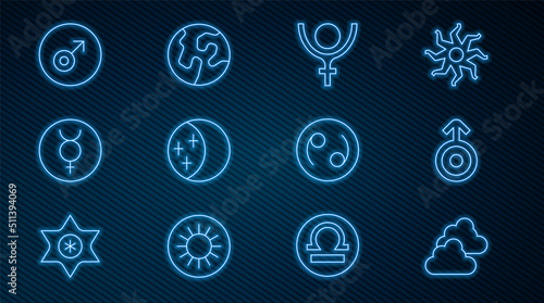 Set line Cloudy weather, Symbol Uranus, Pluto, Eclipse of sun, Mercury, Mars symbol, Cancer zodiac and Earth globe icon. Vector