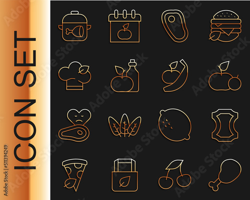 Set line Chicken leg, Leather, Apple, Steak meat, cider vinegar in bottle, Vegan food diet, Cooking pot and chicken and banana icon. Vector