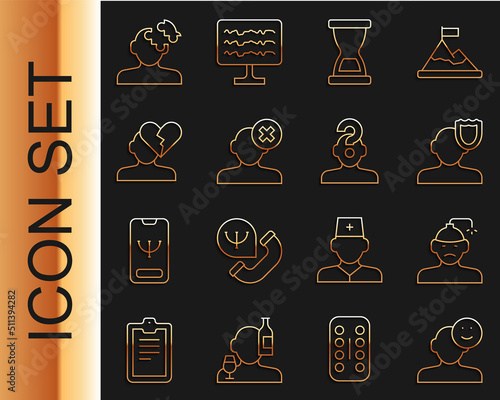 Set line Good mood, Concussion, headache, Psychology, Old hourglass, Solution problem in psychology, Broken heart or divorce, and Human with question mark icon. Vector