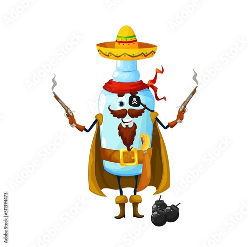 Cartoon mexican pulque corsair character. Isolated vector tequila bottle pirate in sombrero, cape, boots, gloves and bandana with guns in hands and cannon balls. Drink filibuster personage