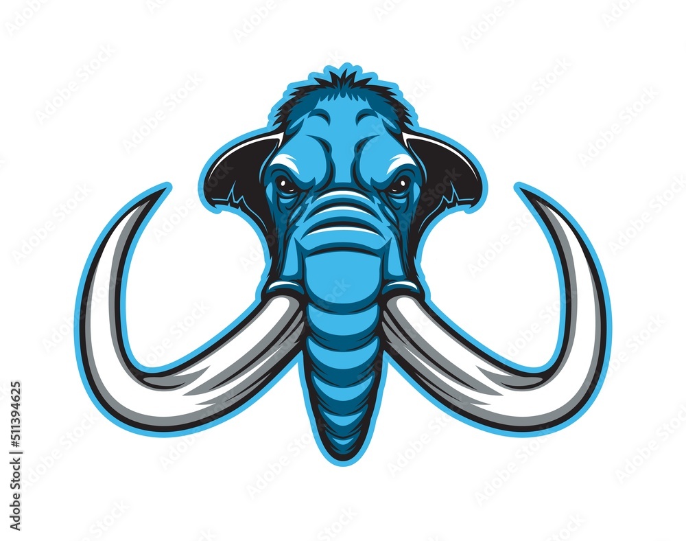 Mammoth elephant mascot, angry head of aggressive animal, vector badge of  sport team. Club mascot sign of blue mammoth elephant with tusks and trunk,  basketball, soccer or rugby football team emblem Stock
