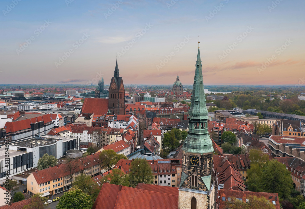 Aerial summer evening cityscape of Hanover, Lower Saxony, Germany
