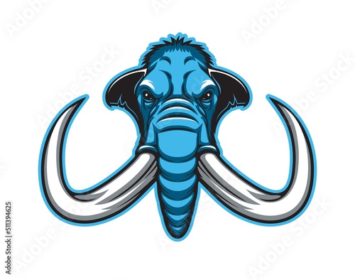 Mammoth elephant mascot, angry head of aggressive animal, vector badge of sport team. Club mascot sign of blue mammoth elephant with tusks and trunk, basketball, soccer or rugby football team emblem