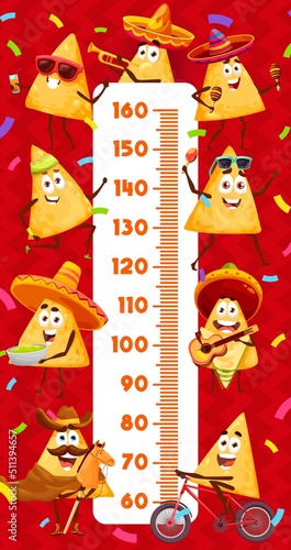 Funny mexican nachos chips characters kids height chart. Measure ruler of children growing vector wall sticker with cartoon corn tortilla nachos, sombrero hats, maracas, guitars and confetti