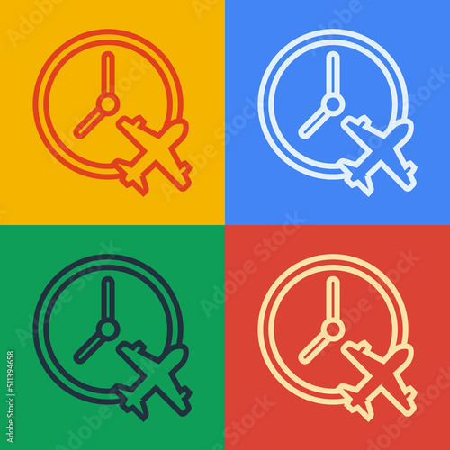 Pop art line Clock with airplane icon isolated on color background. Designation of time before departure, check-in for flight and arrival time symbol. Vector