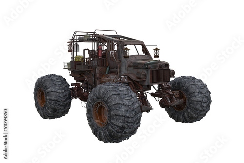 Fantasy post apocalyptic off road car with monster truck wheels. 3D rendering isolated on white with clipping path.