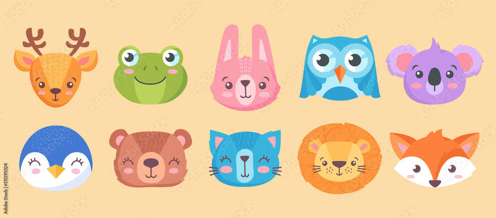 Obraz premium Animals head set. Collection of cute characters for children, exotic animals. Penguin, frog, deer, lion, owl, koala, bear and fox. Cartoon flat vector illustrations isolated on beige background