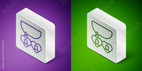 Isometric line Necklace with heart shaped pendant icon isolated on purple and green background. Jewellery decoration. International Happy Women Day. Silver square button. Vector