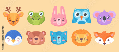 Animals head set. Collection of cute characters for children  exotic animals. Penguin  frog  deer  lion  owl  koala  bear and fox. Cartoon flat vector illustrations isolated on beige background