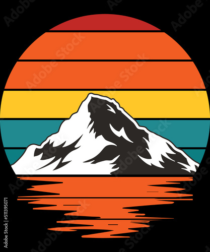 Retro Vintage Sunset mountain with light reflection on water