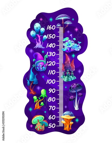 Fantasy mushrooms kids height chart growth meter. Fairy magic cartoon vector ruler for children height measurement with funny alien fungi plants and scale. Baby length ruler, stadiometer grow