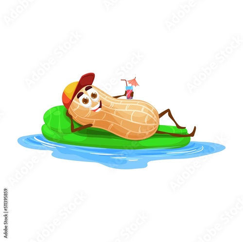 Funny peanut character on air mattress. Cartoon vector nut relax on floater with fresh cocktail. Kernel seed personage wear cap tanning and relaxing in pool or ocean waves. Nut personage on vacation