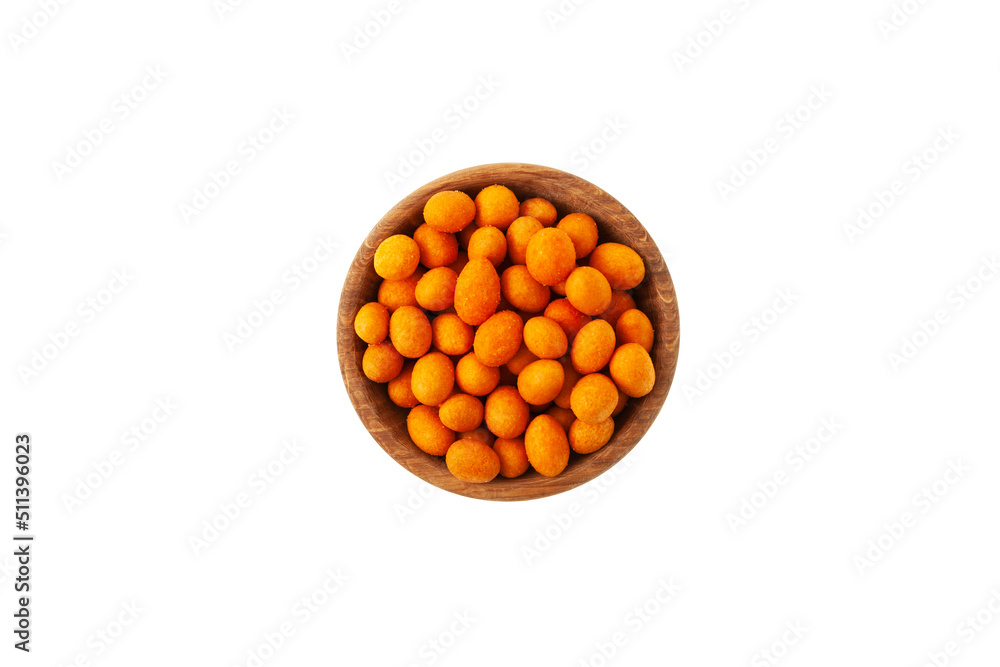 Coated Peanut in wooden bowl on white background, top view. Delicious crispy peanut Coated Peanut in wooden bowl on white background, top view. Delicious crispy peanut