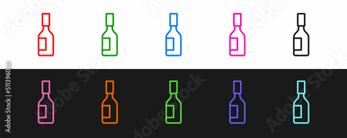 Set line Tabasco sauce icon isolated on black and white background. Chili cayenne spicy pepper sauce. Vector