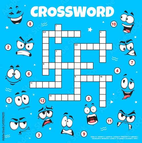 Cartoon emoji face expressions, crossword grid to find word, vector quiz game. Crossword worksheet to guess word of emoticons and smile emoji expressions, kids cartoon word puzzle or riddle game