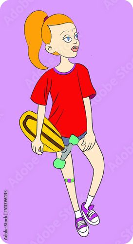 vector illustration of redhead teen girl with skateboard
