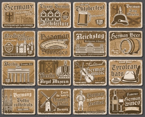 Germany landmarks and travel sightseeing grunge signs, German culture vector retro posters. Germany tourism attractions Berlin museum, Oktoberfest traditional beer festival and curry wurst sausages