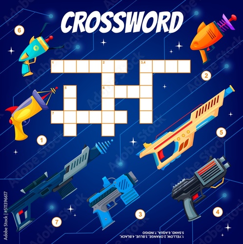 Blaster gun, handgun or raygun weapon, crossword grid to find word, vector quiz game. Crossword worksheet to guess word of space shooter or galaxy blaster guns, kids cartoon puzzle or riddle game