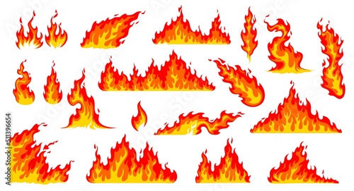 Cartoon fire flames, bonfire and burning wildfire or firewall, vector icons. Red hot flames of campfire, wildfire fireballs or burning torch heat, flammable symbols and burning firewall effects
