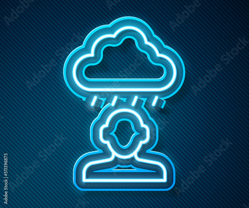 Glowing neon line Depression and frustration icon isolated on blue background. Man in depressive state of mind. Mental health problems. Vector