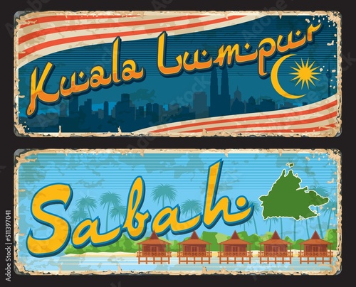 Kuala Lumpur and Sabah, Malaysian regions travel stickers and plates, vector luggage tags. Malaysia states or provinces and regions welcome tin signs with travel landmarks, flags and taglines