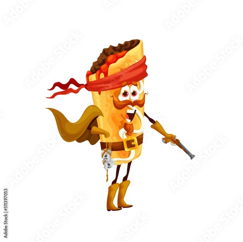 Cartoon mexican chimichanga pirate character. Vector tex mex corsair food personage with gun for kids menu. Fast food wear cape and bandana. Funny filibuster snack, meal of Mexico