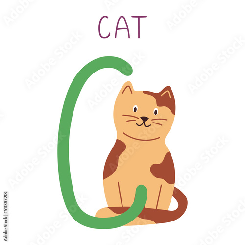 Capital letter C of English childish alphabet with cat. Cute kids font for kindergarten and school education.