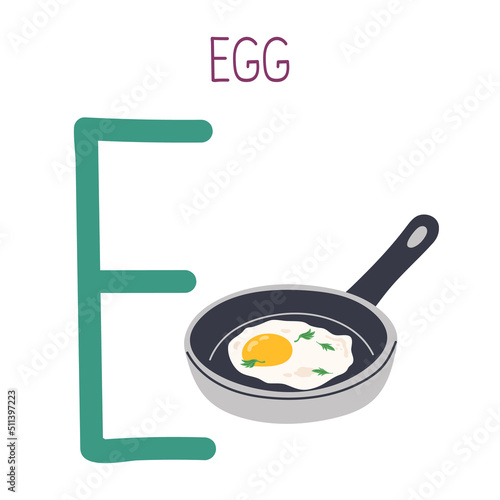 Capital letter E of English childish alphabet with egg. Cute kids font for kindergarten and school education.