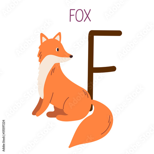 Capital letter F of English childish alphabet with fox. Cute kids font for kindergarten and school education.