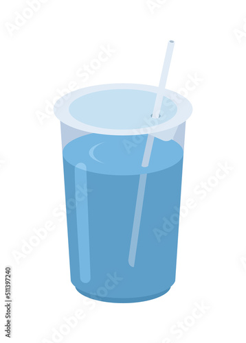 Drinking water in a plastic cup with straw. Simple flat illustration
