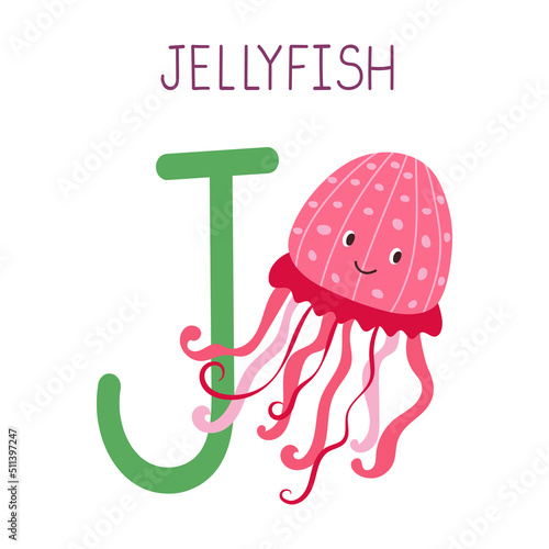 Capital letter J of English childish alphabet with jellyfish. Cute kids font for kindergarten and school education.