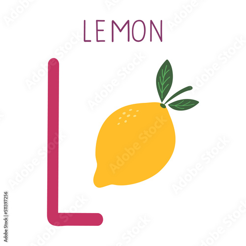 Capital letter L of English childish alphabet with lemon. Cute kids font for kindergarten and school education.