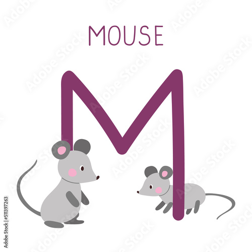 Capital letter M of English childish alphabet with mouses. Cute kids font for kindergarten and school education.