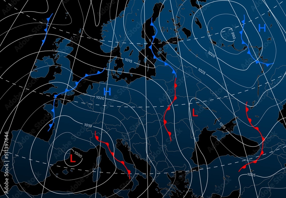 Forecast weather isobar night map of Europe, wind fronts and temperature vector diagram. Meteorology climate and weather forecast isobar of Europe, cold and warm cyclone or atmospheric pressure chart - obrazy, fototapety, plakaty 