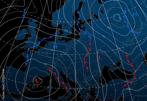Forecast weather isobar night map of Europe, wind fronts and temperature vector diagram. Meteorology climate and weather forecast isobar of Europe, cold and warm cyclone or atmospheric pressure chart photo