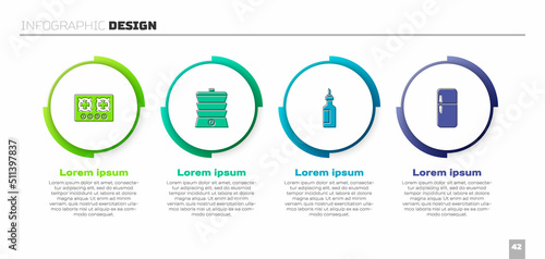 Set Gas stove, Slow cooker, Bottle of olive oil and Refrigerator. Business infographic template. Vector