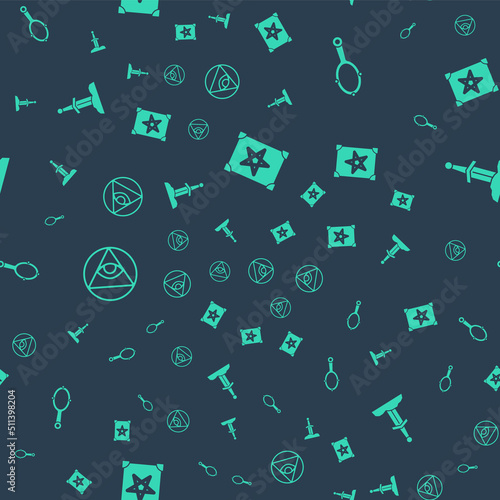 Set Ancient magic book, Magic hand mirror, Masons and Sword in the stone on seamless pattern. Vector
