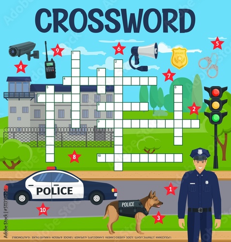 Police, law or policeman, crossword grid worksheet, find word quiz. Crossword vector puzzle or riddle grid to guess police automobile, traffic lights and handcuffs with prison and walkie-talkie photo