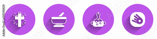 Fototapet Set Christian cross, Mortar and pestle, Poison in bottle and Comet falling down fast icon with long shadow