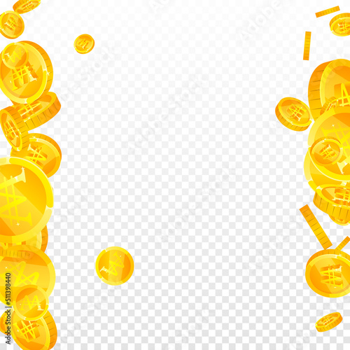 Korean won coins falling. Admirable scattered WON coins. Korea money. Glamorous jackpot, wealth or success concept. Vector illustration.
