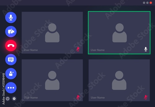 Videocall interface, video call screen UI template or vector overlay for conference chat. Videocall mockup with zoom icons for online video call in mobile phone or computer webinar and video chat app