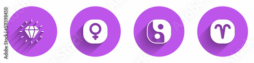 Set Diamond, Venus, Yin Yang and Aries zodiac icon with long shadow. Vector