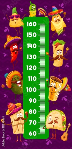 Cartoon mexican food characters kids height chart ruler. Vector growth meter with funny nachos, chili or jalapeno pepper, burrito, enchilada with tacos and fruit tamale wall sticker scale for children
