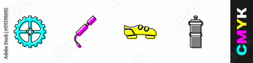 Set Bicycle sprocket crank, air pump, shoes and Sport bottle with water icon. Vector