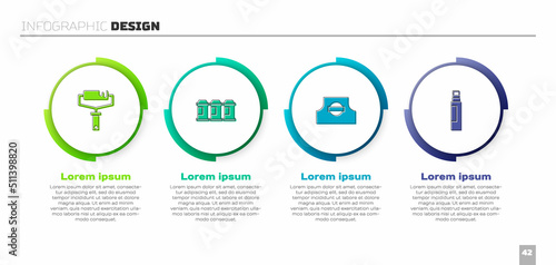 Set Paint roller brush, spray can, Spray nozzle cap and Marker pen. Business infographic template. Vector