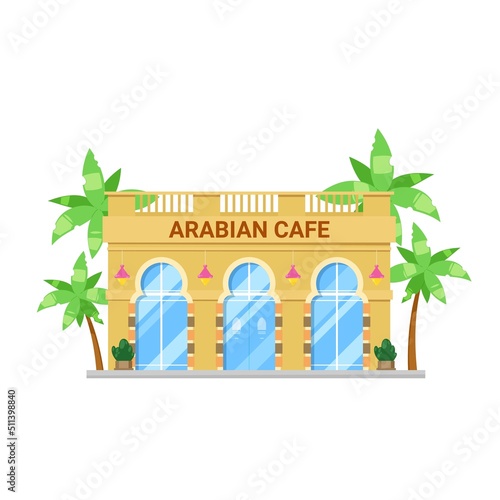 Arabian cuisine restaurant building vector icon. Arab cafe, bistro or bar isolated cartoon house, front exterior of Arabic building with arched windows, facade lamps, roof terrace and palm trees