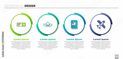 Set Airline ticket, Elegant women hat, Passport and Plane. Business infographic template. Vector